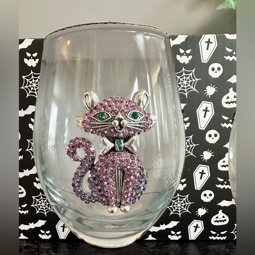Stemless Wine Glasses - Set of 2 - Pink Purple Rhinestone Cat - NEW - Picture 2 of 6